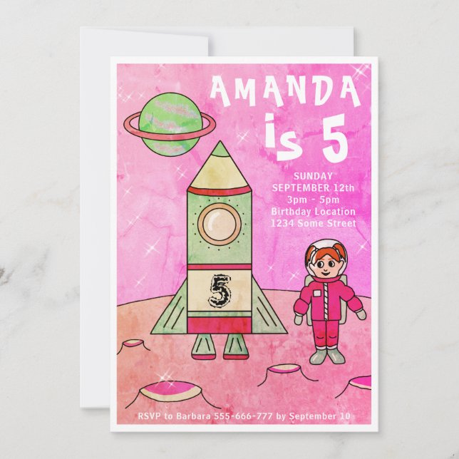 Invitación Fiesta de cumpleaños rosado de barco Chica astrona (Anverso)
