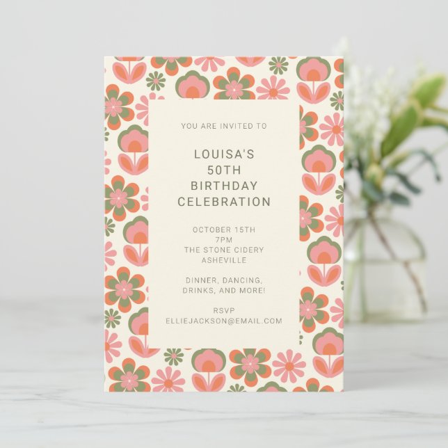 Invitación Fiesta de cumpleaños rosado de flores de los 70 de (Anverso de pie)