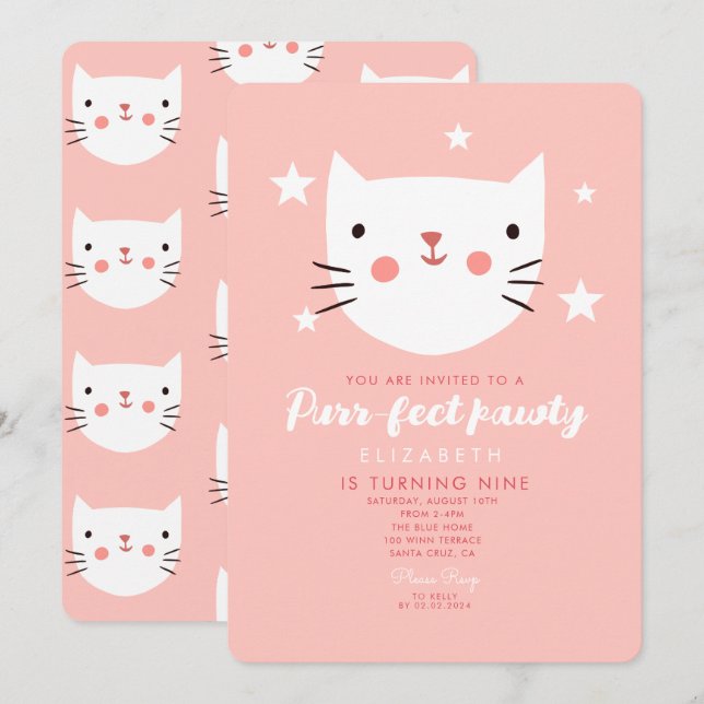 Invitación Fiesta de cumpleaños rosado de gato lindo (Anverso / Reverso)