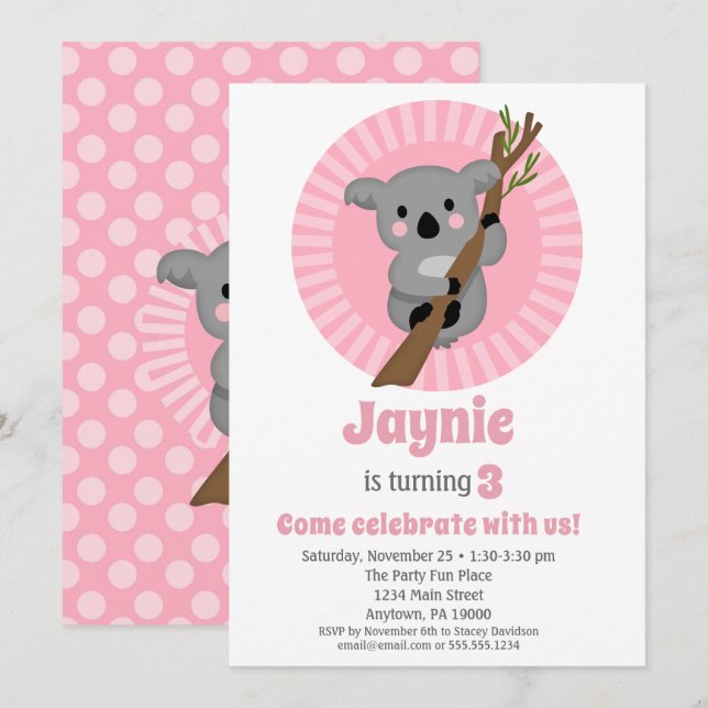 Invitación Fiesta de cumpleaños rosado de Koala Bear (Anverso / Reverso)
