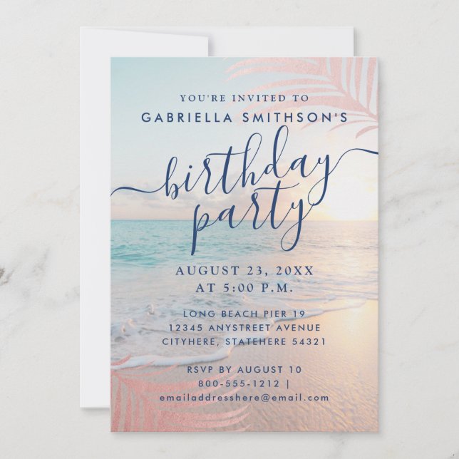 Invitación Fiesta de cumpleaños rosado de la playa tropical S (Anverso)