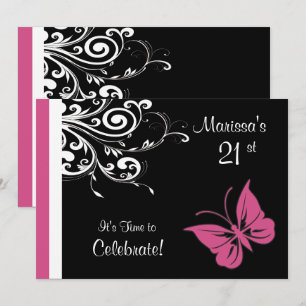 Invitación Fiesta de cumpleaños rosado de Mariposa Swirls Cra