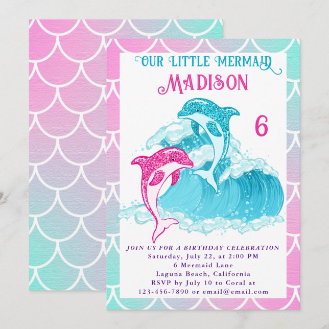 Invitación Fiesta de cumpleaños rosado de Mermaid Dolphin Blu (Anverso / Reverso)