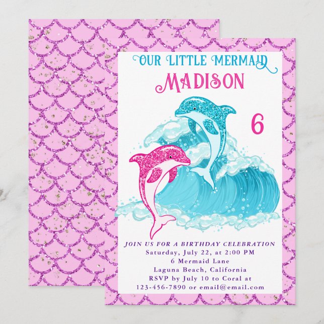 Invitación Fiesta de cumpleaños rosado de Mermaid Dolphin Blu (Anverso / Reverso)