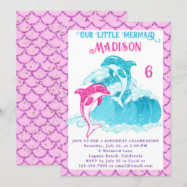 Invitación Fiesta de cumpleaños rosado de Mermaid Dolphin Blu