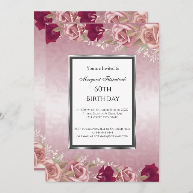 Invitación Fiesta de cumpleaños rosado de rosas rojas (Anverso / Reverso)