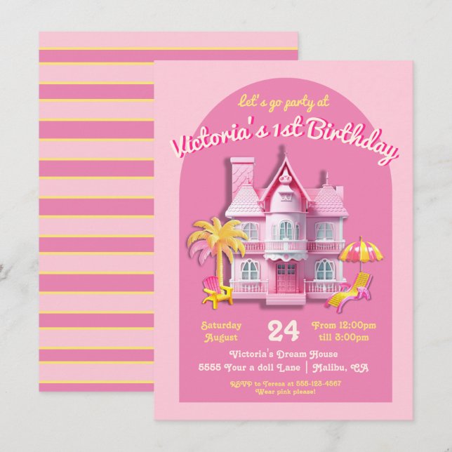 Invitación Fiesta de cumpleaños rosado de Toy Dream Doll Hous (Anverso / Reverso)