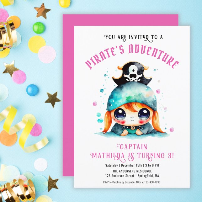 Invitación Fiesta de cumpleaños rosado del pequeño Chica pira (Cute Little Pirate Girl Pink Birthday Party Invitation)