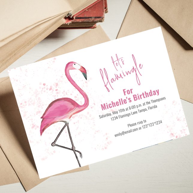 Invitación Fiesta de cumpleaños rosado. ¡Flamingle! (Let's flamingle cool typography birthday invitation.)