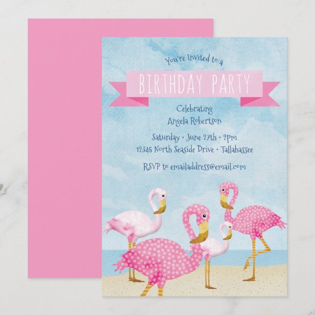 Invitación Fiesta de cumpleaños Rosado Flamingo (Anverso / Reverso)