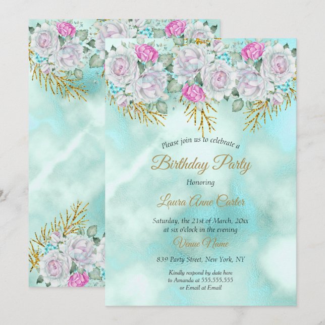 Invitación Fiesta de cumpleaños rosado floral de oro azul Ver (Anverso / Reverso)