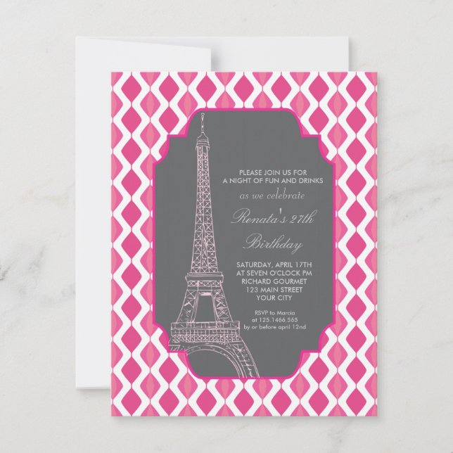 Invitación Fiesta de cumpleaños rosado moderno en París (Anverso)