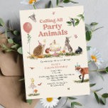 Invitación Fiesta de cumpleaños rosado para animales Fiestas<br><div class="desc">Tema de cumpleaños animal fiesta con ilustraciones de animales de bosque incluyendo búho,  erizo,  ardilla,  conejo,  zorro,  y gorras fiestas que usan pájaros. Pastel decorado con flores en el centro. Personaliza el número del pastel. También cuenta con mariposas,  globos rosados y ilustraciones de setas.</div>
