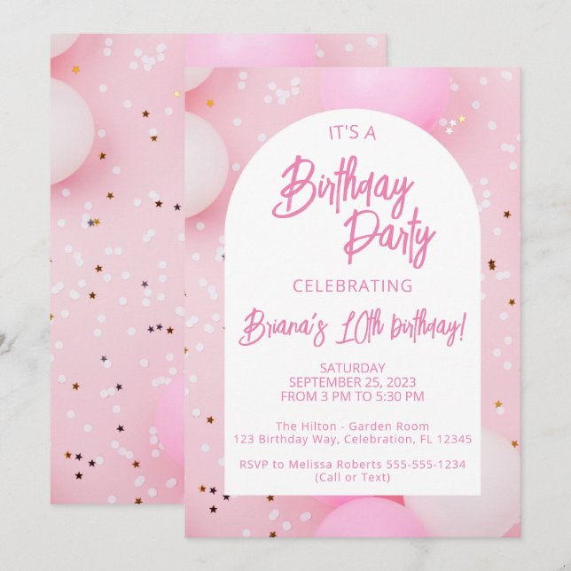 Invitación Fiesta de cumpleaños rosado para chicas (Anverso / Reverso)