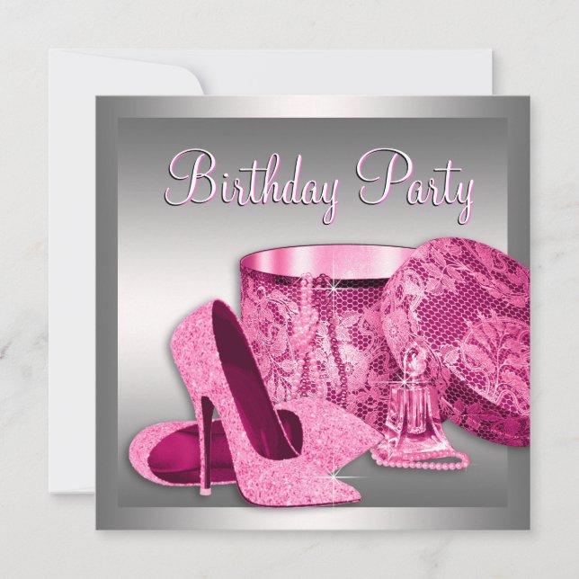 Invitación Fiesta de cumpleaños rosado para mujeres con zapat (Anverso)
