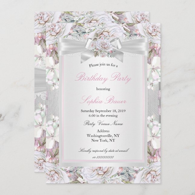 Invitación Fiesta de cumpleaños rosado para Rosas florales de (Anverso / Reverso)