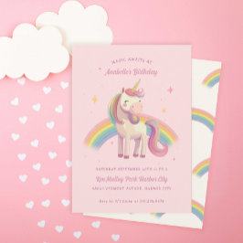 Invitación Fiesta de cumpleaños rosado Rainbow Unicorn de col