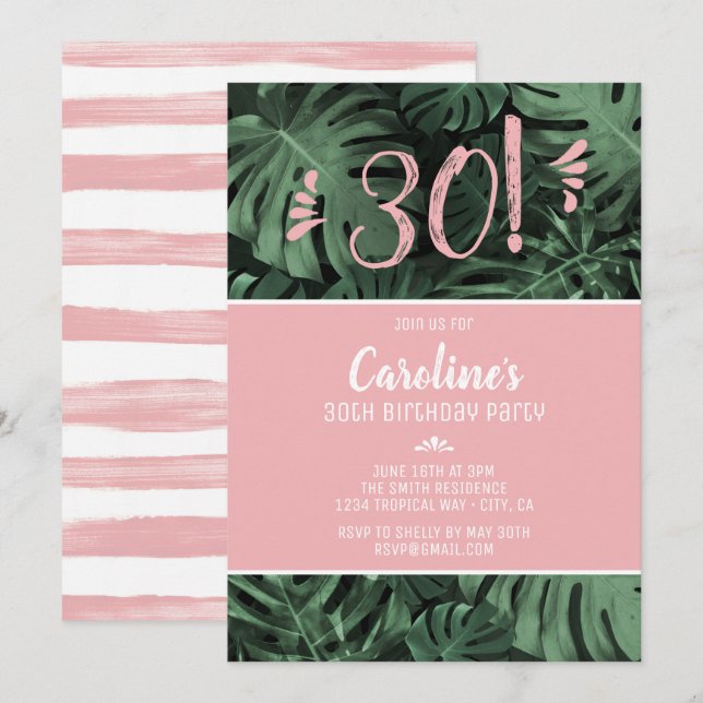 Invitación Fiesta de cumpleaños rosado tropical (Anverso / Reverso)