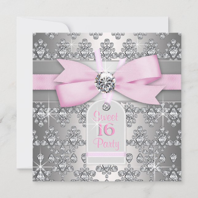 Invitación Fiesta de cumpleaños rosado y gris de diamantes pl (Anverso)