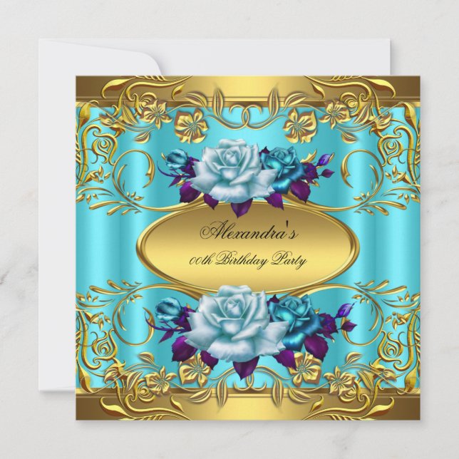 Invitación Fiesta de Cumpleaños Rosas Azul Teal Élite Dorado (Anverso)