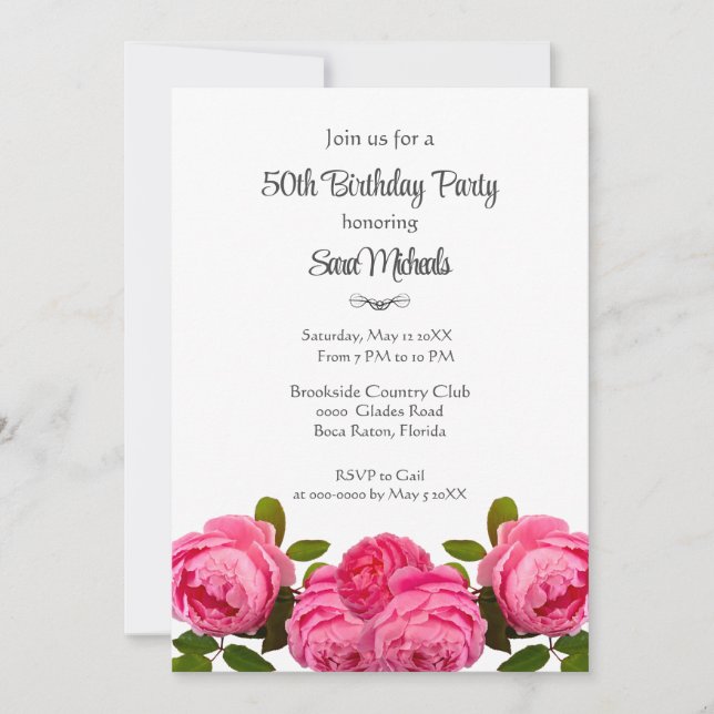 Invitación Fiesta de Cumpleaños Rosas Rosadas Fiesta  (Anverso)
