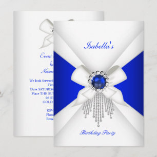 Invitación Fiesta de Cumpleaños Royal Azul Blanco Diamante Pe