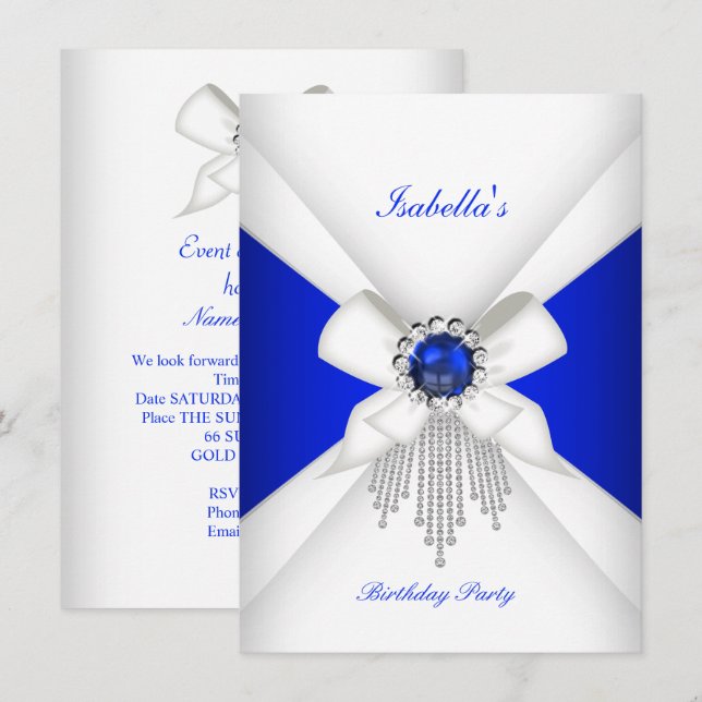 Invitación Fiesta de Cumpleaños Royal Azul Blanco Diamante Pe (Anverso / Reverso)