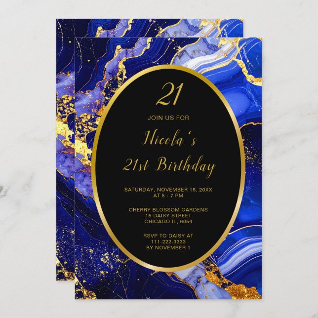 Invitación Fiesta de cumpleaños Royal Blue and Gold Marble Ag (Anverso / Reverso)