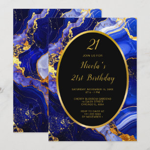 Invitación Fiesta de cumpleaños Royal Blue and Gold Marble Ag