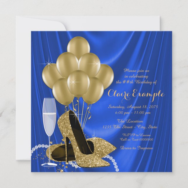 Invitación Fiesta de cumpleaños Royal Blue and Gold Satin (Anverso)