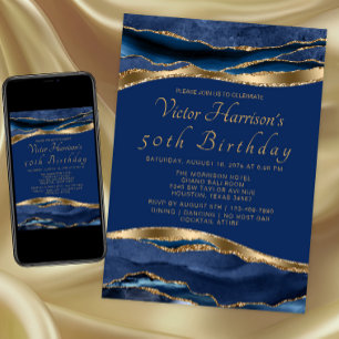 Invitación Fiesta de Cumpleaños Royal Blue Gold Agate para Ho