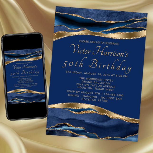 Invitación Fiesta de Cumpleaños Royal Blue Gold Agate para Ho (Blue gold any event invitation. Instant download and printed invitations available.)