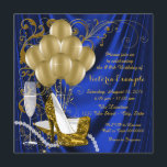 Invitación Fiesta de cumpleaños Royal Blue Gold Glam Pearl<br><div class="desc">Invitación a una fiesta de cumpleaños real azul y dorado con hermosos zapatos altos de tacón purpurina de oro, globos dorados, perlas de champán y elegantes remolinos de oro sobre un glamoroso fondo de satén azul real. Esta elegante invitación a la fiesta de cumpleaños en color azul brillante y oro...</div>