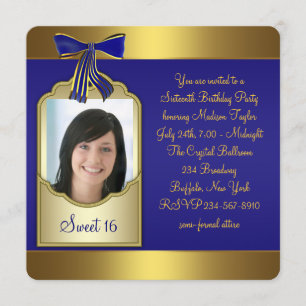 Invitación Fiesta de cumpleaños Royal Blue Gold Sweet 16