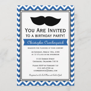 Invitación Fiesta de cumpleaños Royal Blue Mustache Chevron