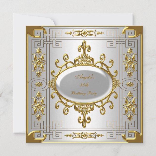 Invitación Fiesta de Cumpleaños Royal Plata Blanco Dorado Art (Anverso)