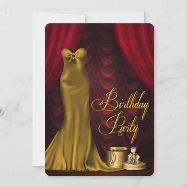 Invitación Fiesta de Cumpleaños Rubí Rojo Dorado Glamuroso de (Anverso)