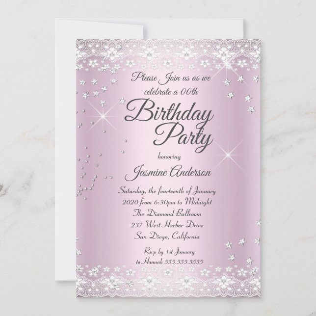 Invitación Fiesta de cumpleaños Rubor Pink Silver Sparkle lac (Anverso)