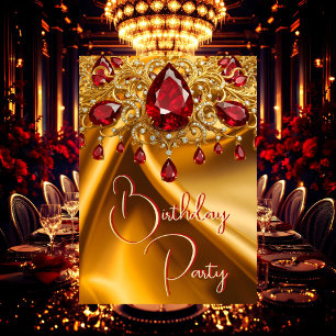 Invitación Fiesta de cumpleaños Ruby de seda oro joya roja