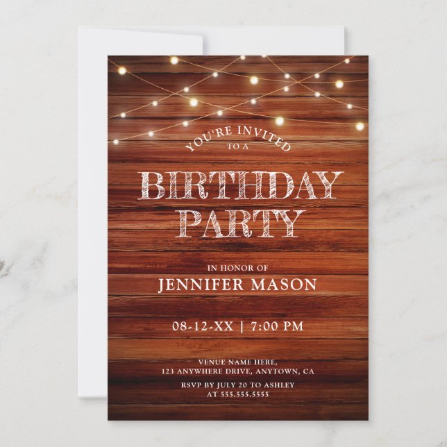 Invitación Fiesta de cumpleaños rusa| Luces de madera y cuerd (Anverso)