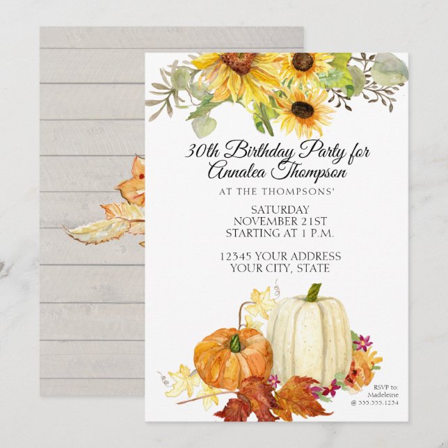 Invitación Fiesta de cumpleaños Rushall Hoja de calabaza gira (Anverso / Reverso)