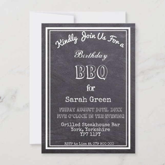 Invitación Fiesta de cumpleaños Rustic Chalkboard BQ (Anverso)