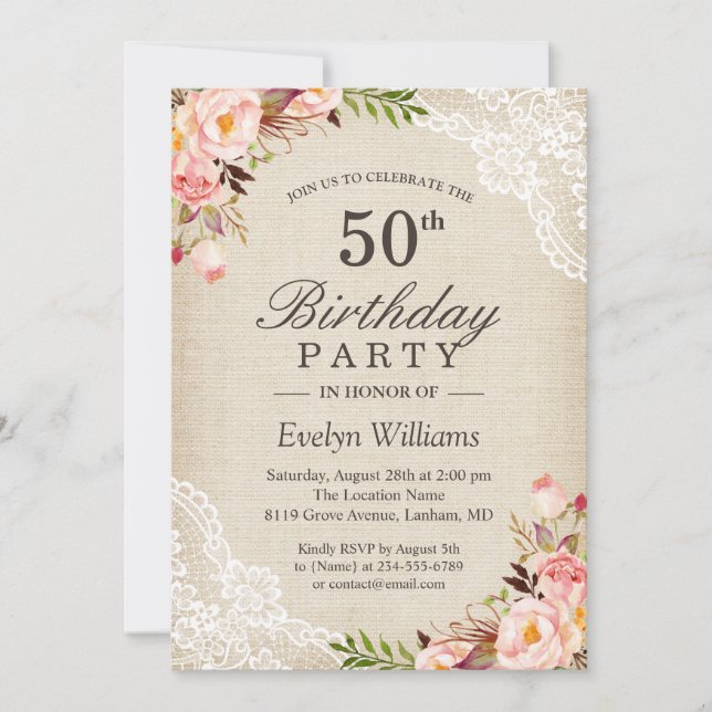 Invitación Fiesta de cumpleaños Rustic Floral Ivory Burlap La (Anverso)