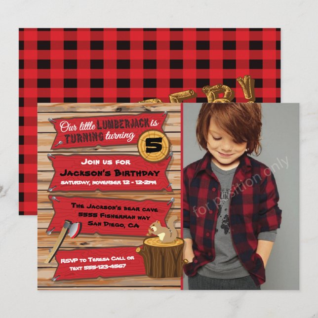Invitación Fiesta de cumpleaños Rustic Lumberjack con foto (Anverso / Reverso)