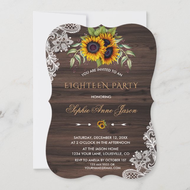 Invitación Fiesta de Cumpleaños Rustic Sunflowers Wood (Anverso)