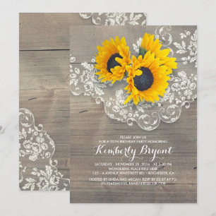 Invitación Fiesta de cumpleaños Rustic Sunflowers Wood Lace