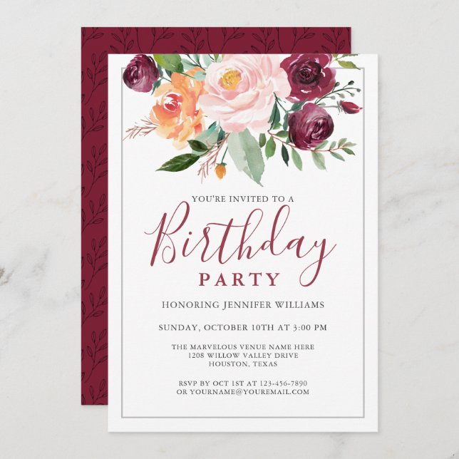 Invitación Fiesta de cumpleaños Rustic Watercolor Floral (Anverso / Reverso)