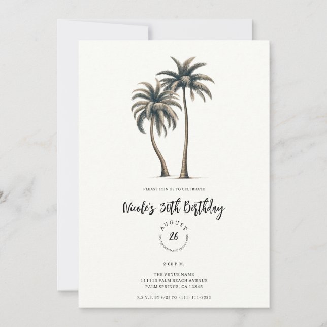Invitación Fiesta de Cumpleaños Rústica Costera con Palmeras  (Anverso)