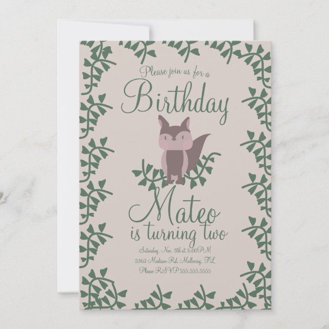 Invitación Fiesta de Cumpleaños Rústica de Zorro del Bosque (Anverso)