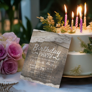 Invitación Fiesta de Cumpleaños Rústica Lace Burlap Cloth Bar
